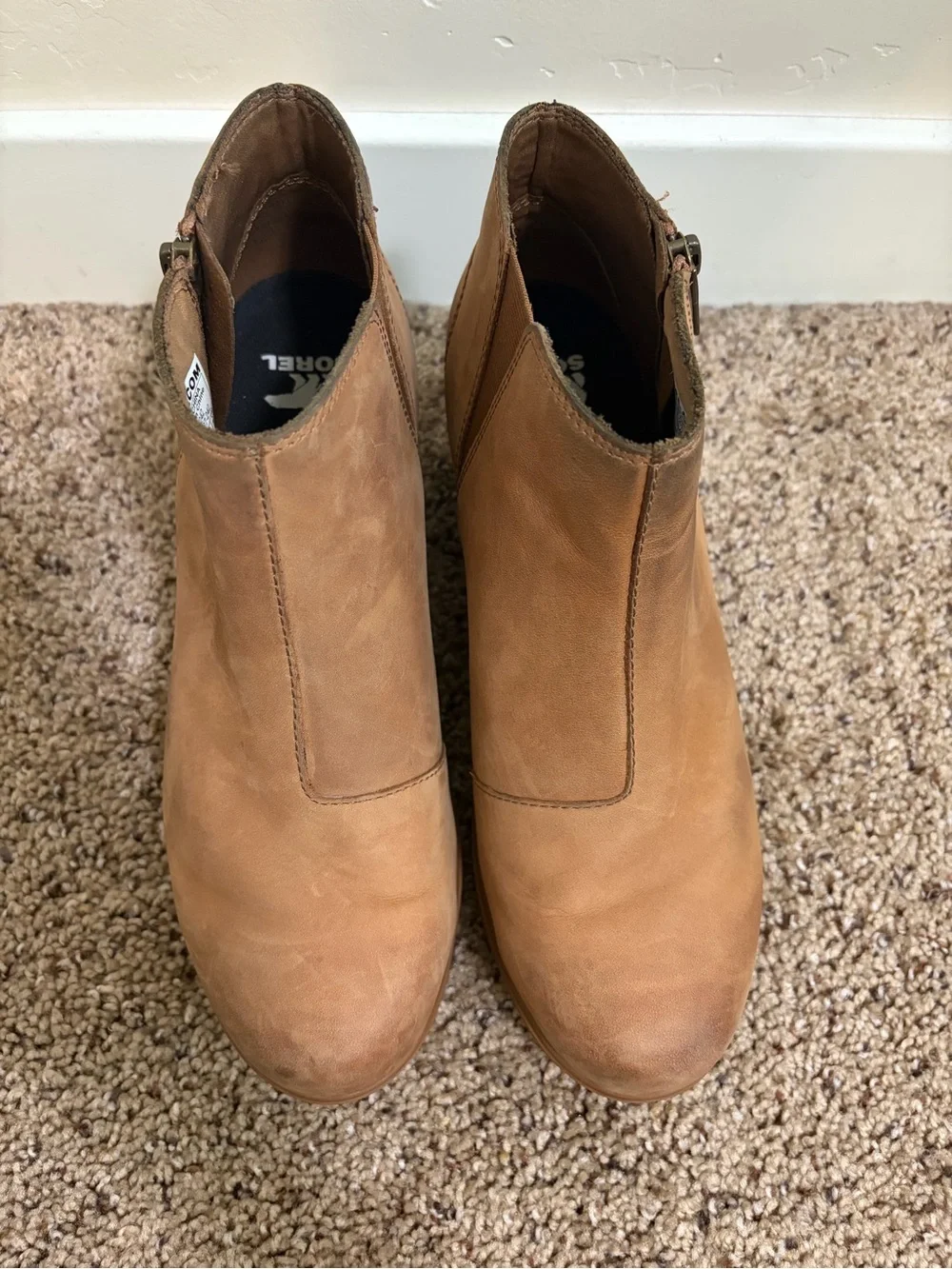 Sorel Women's Evie Zip Leather Boot Rain Boots Wedges Tan Brown Size 9.5